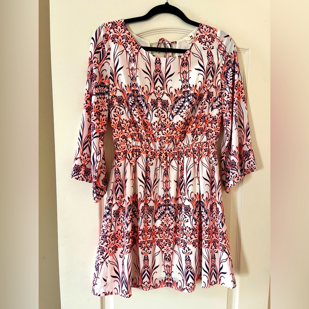 Pink Owl Boutique Fluorescent Orange and Pink Patterned Mini Dress Size Medium